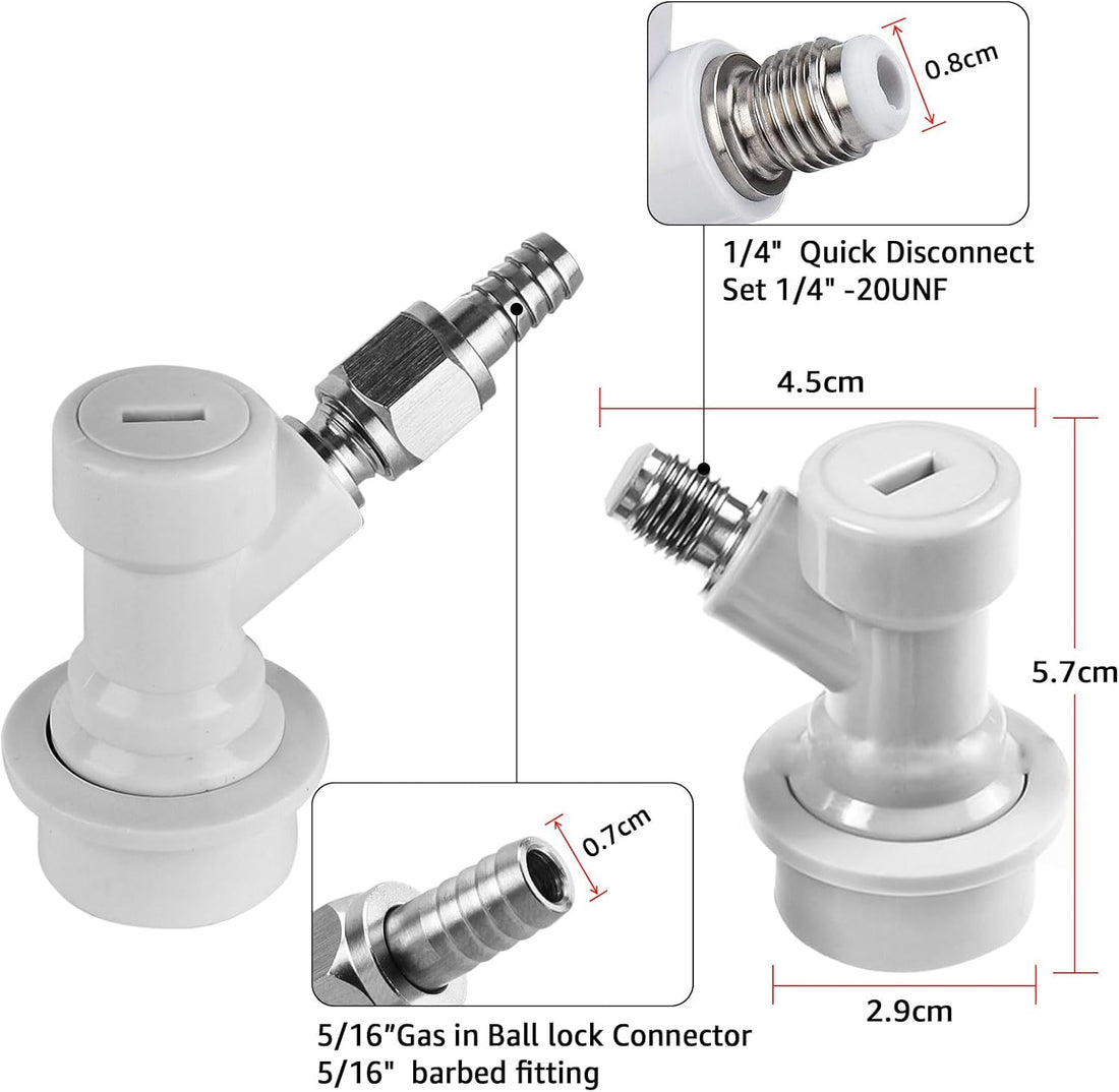 2Pcs Ball Lock Disconnect Fittings with 5/16’’ Stainless Steel Gas Barb - Durable PBT Keg Fittings, Home Brew Ball Lock Corny Keg Fittings for Keg Post Coupler with Hose Clamps & MFL Swivel Nuts