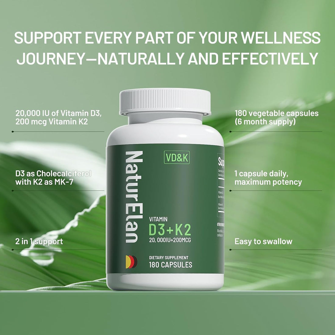 Vitamin D3 K2 - 20,000 IU D3 + 200mcg K2(MK-7), 180 Capsules, Supports Bone, Immune, Heart & Teeth Health, Third-Party Tested, Vegan, Non-GMO, Gluten Free K2 D3 Vitamin Supplement for Men & Women