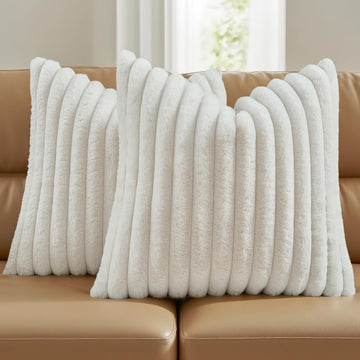 FUTEI Cream White Striped Decorative Throw Pillow Covers 18x18 Inch Set of 2,Square Spring Decorations Couch Pillow Case,Soft Cozy Faux Rabbit Fur & Velvet Back,Modern Home Decor for Bed
