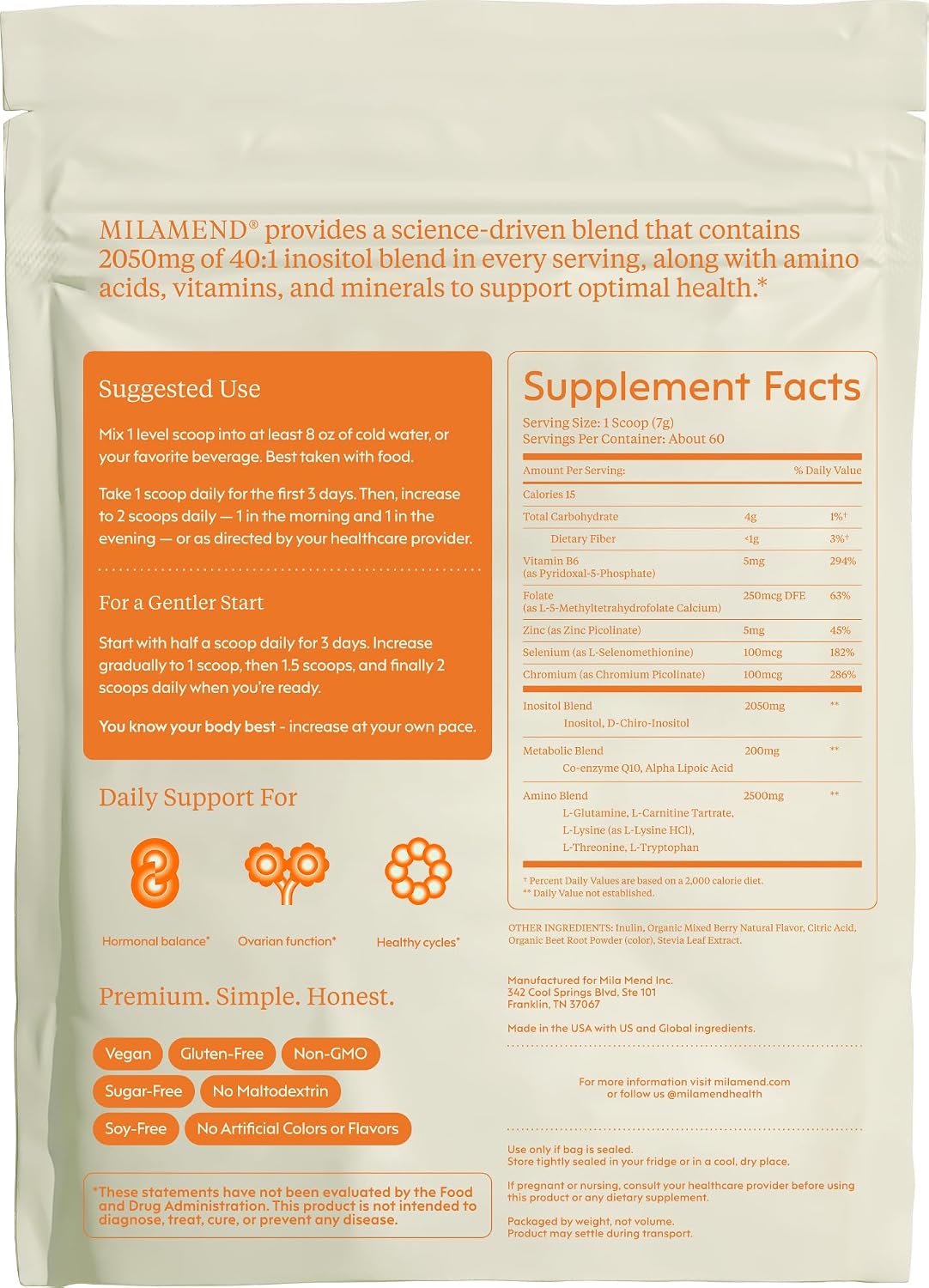 milamend 14-in-1 Multi-Nutrient Drink Mix — Daily Women's Wellness Routine with 40:1 Myo-Inositol, D-Chiro Inositol, Folate, CoQ10, B6, Amino Acids — Mixed Berry Powder, 60 Servings