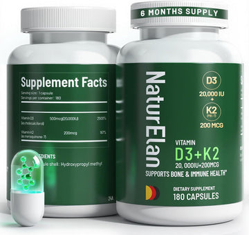 Vitamin D3 K2 - 20,000 IU D3 + 200mcg K2(MK-7), 180 Capsules, Supports Bone, Immune, Heart & Teeth Health, Third-Party Tested, Vegan, Non-GMO, Gluten Free K2 D3 Vitamin Supplement for Men & Women