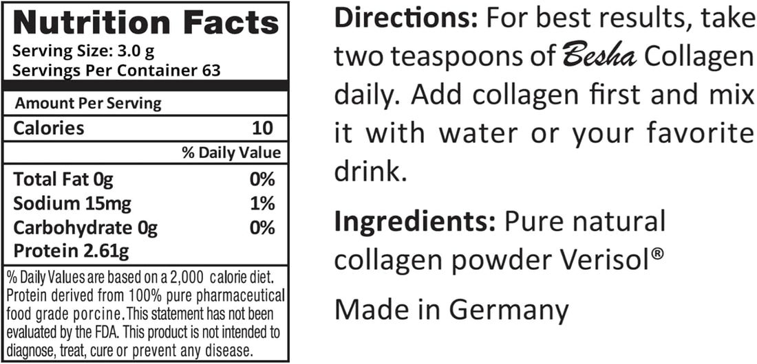 Besha Verisol® Collagen Peptides Powder – Made in Germany – Clinically Studied Bioactive Collagen for Skin, Hair, Nails & Joints – Unflavored, Non-GMO – 2 Month Supply