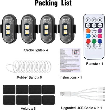 4PCS Wireless LED Strobe Lights with Remote Control, 8 Colors Rechargeable Led Lights Anti-Collision LED Emergency Warning Lights for Car Motorcycle Bike Drone Aircraft