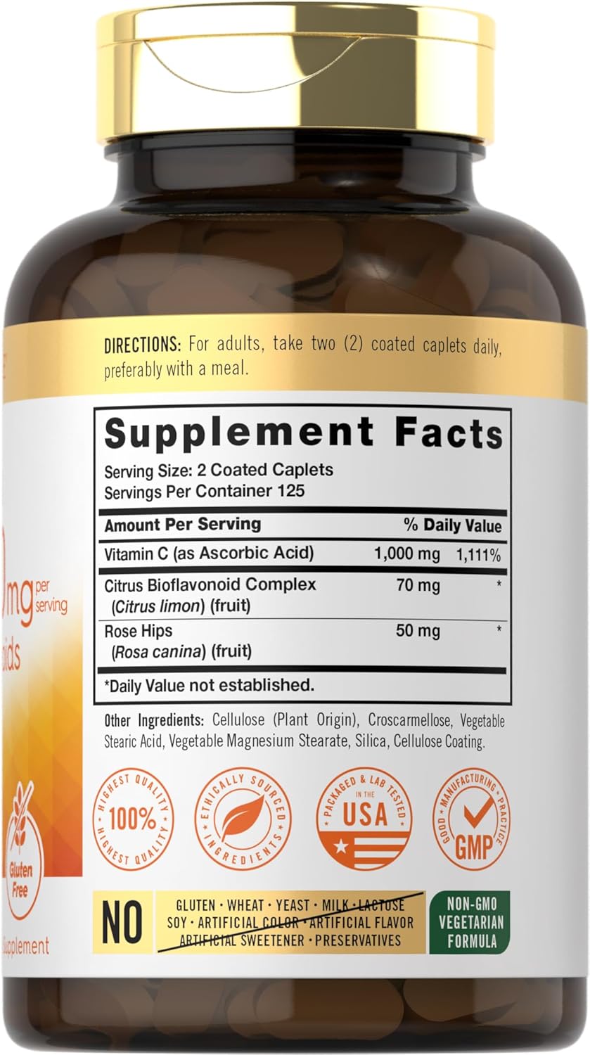 Carlyle Vitamin C 1000mg | with Rose Hips and Citrus Bioflavonoids | 250 Caplets | Vegetarian, Non-GMO, Gluten Free Supplement