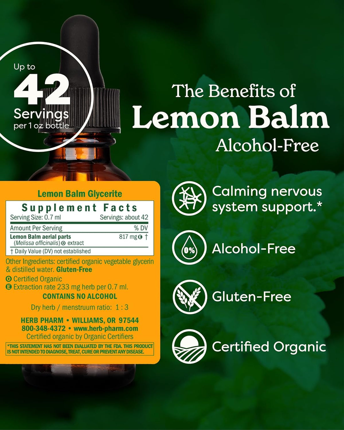 Herb Pharm Lemon Balm, Alcohol-Free: Certified Organic, Nervousness & Over-Excitement Support, Fast-Absorbing & Sugar-Free Calming Extract, Made with Lemon Balm Herb, Liquid Glycerite, 1 oz