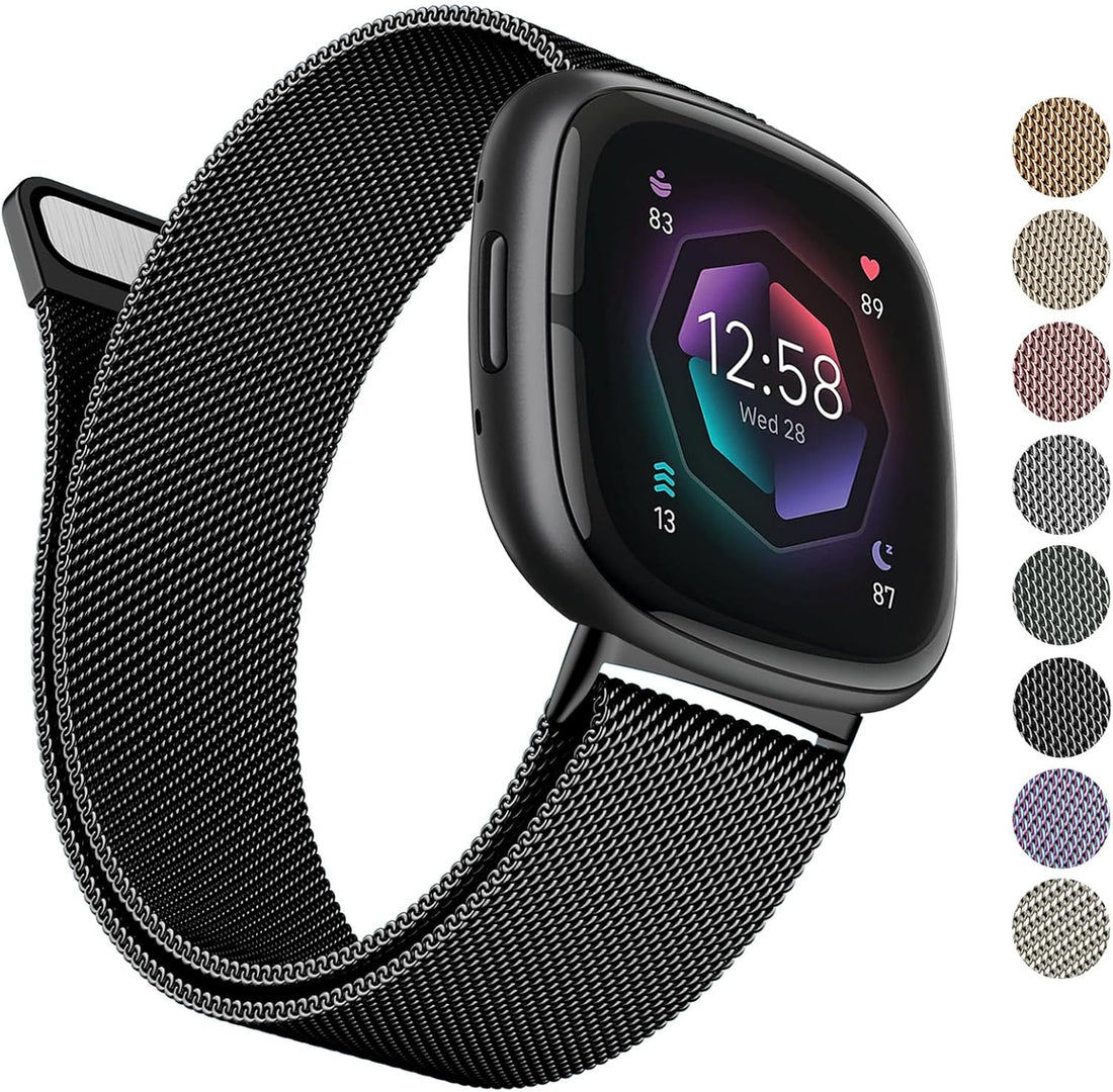 AK Metal Band Compatible with Fitbit Sense 2 / Sense & Versa 4 / Versa 3 Bands - Women & Men, Stainless Steel Mesh Loop Magnetic Replacement Bracelet Strap