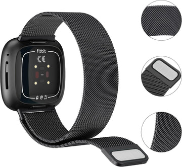 AK Metal Band Compatible with Fitbit Sense 2 / Sense & Versa 4 / Versa 3 Bands - Women & Men, Stainless Steel Mesh Loop Magnetic Replacement Bracelet Strap