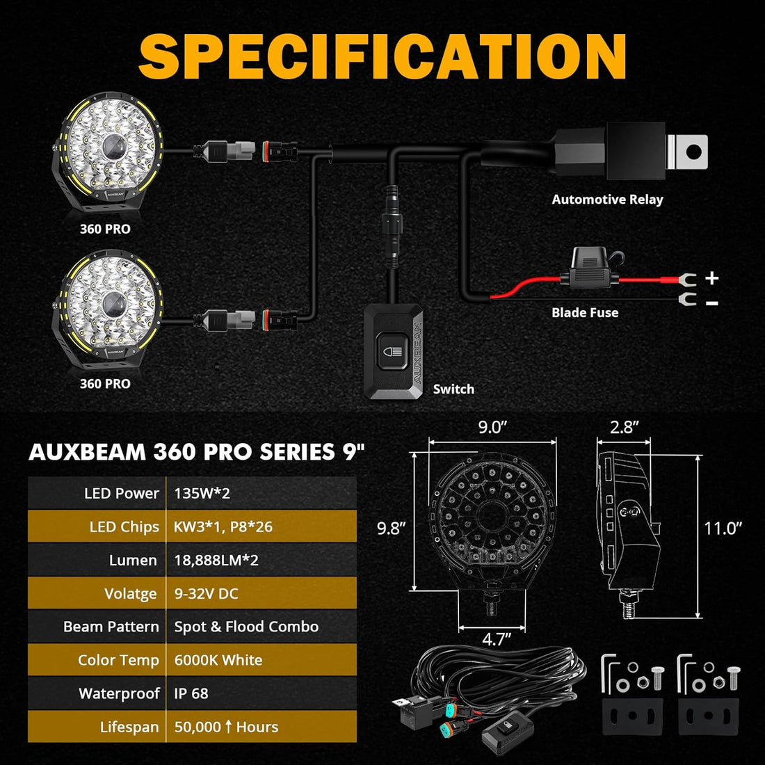Auxbeam 360-PRO Series 9 Inch Round Off Road Lights, 270W LED Driving Lights 37776LM Spot Flood Combo Light Bar, Auxiliary Light Pods Bumper Work Lights Offroad Lighting