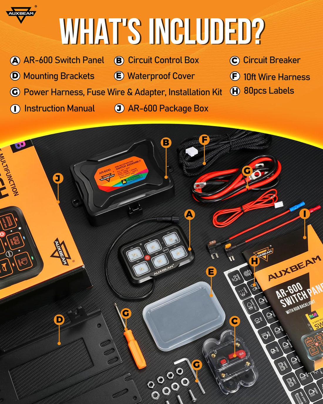 Auxbeam 6 Gang Switch Panel Bluetooth AR-600 RGB Large Button Auxiliary Switch w/Toggle Momentary Pulsed Switch Pod Backlit Off Waterproof 12-24V Panel Pod for UTV Boat Truck RV 2 Years Warranty