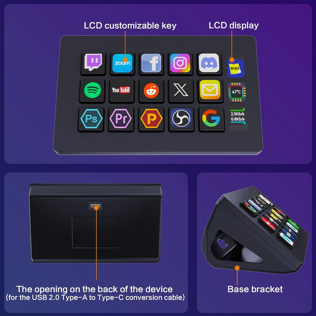 Basicolor Macro Pad,Stream Controller Deck with 15 Customizable Macro Keys Compatible with OBS/PowerPoint/Excel/Youtube/Word/Photoshop/Adobe Premiere Pro Windows 10/Mac14.0 (293SV3) Black