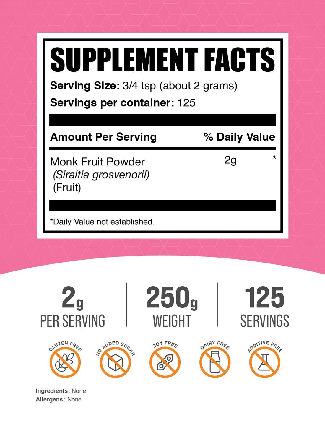 BulkSupplements Monk Fruit Powder - Monk Fruit Sweetener, Sugar Substitute for Baking - Pure & Gluten Free, 2g per Serving, 250g (8.8 oz) (Pack of 1)