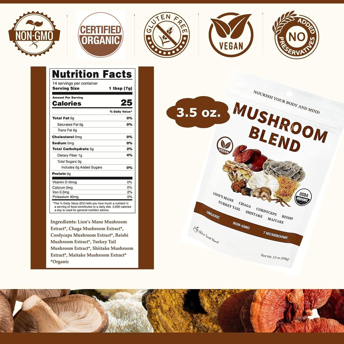 Cherie Sweet Heart 7 Mushroom Extract Powder “ USDA Organic Superfood Blend with Lion's Mane, Reishi, Cordyceps, Maitake, Shiitake, Turkey Tail & Chaga “ Vegan, Non-GMO, Gluten-Free “ 3.5 oz