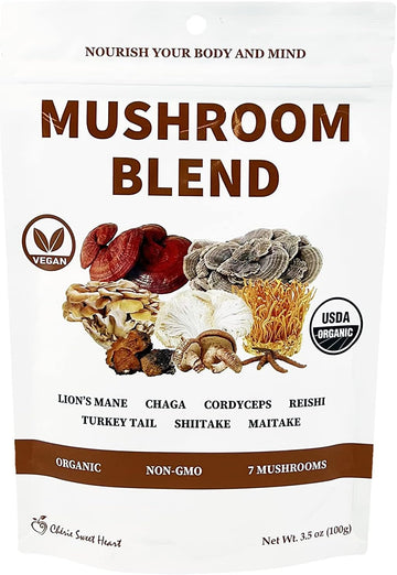 Cherie Sweet Heart 7 Mushroom Extract Powder “ USDA Organic Superfood Blend with Lion's Mane, Reishi, Cordyceps, Maitake, Shiitake, Turkey Tail & Chaga “ Vegan, Non-GMO, Gluten-Free “ 3.5 oz