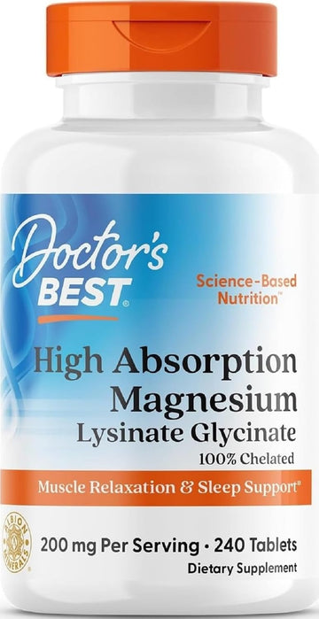 Doctor's Best High Absorption Magnesium Glycinate Lysinate Supplement for Sleep Support - Chelated Magnesium Tablets for Women & Men, 200mg per Serving, Supports Calm & Relaxation, Vegan - 240 Count