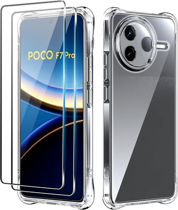 Xiaomi Poco F7 Pro Case with [2 Pack] Tempered Glass Screen Protector, Clear TPU,Reinforced Corner Shockproof, Anti-Scratch