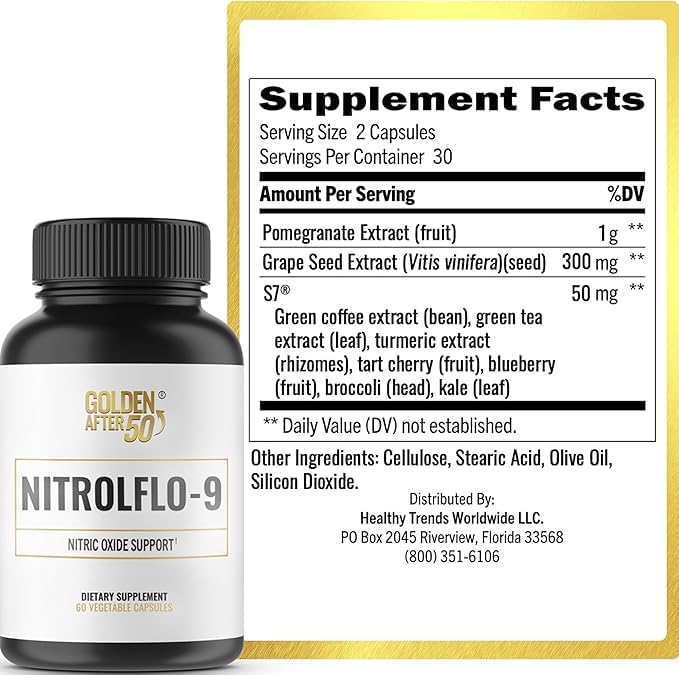 Golden After 50 NitrolFlo-9 - Nature-Powered Nitric Oxide Supplement with Pomegranate Extract, Grape Seed, and S7 - Supports Nutrient Circulation and Optimal Energy - 3 Bottles
 
 Buy it again
