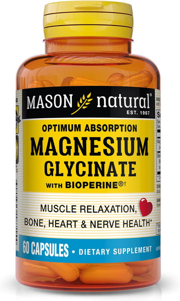MASON NATURAL Optimum Absorption Magnesium Glycinate with Bioperine, 240 mg, 60 Capsules, Gentle on Stomach, Soy,Free