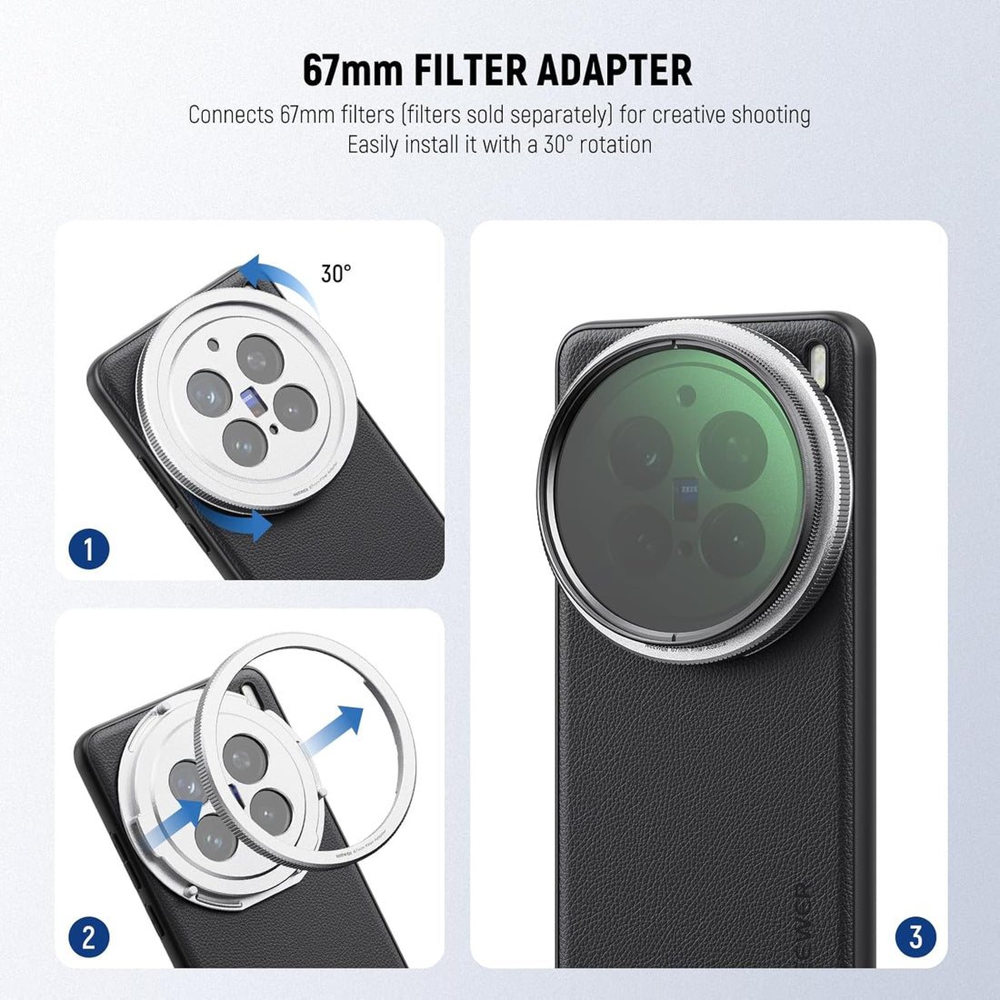 NEEWER X200 Pro Case, Protective Phone Case Compatible with VIVO X200 Pro, Heavy Duty TPU + PC Faux Leather with 17mm Lens Mounts & 67mm Filter Adapter for Wireless Charging, PA114 Black + Silver