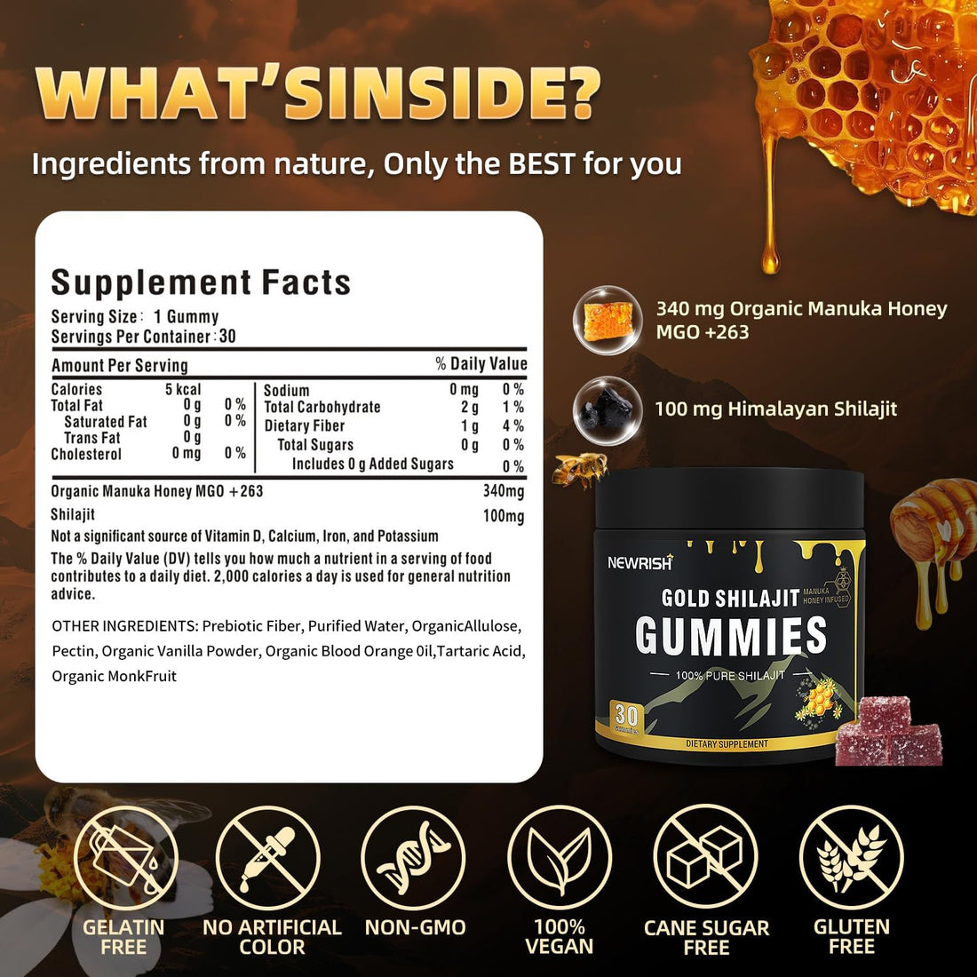 Shilajit Gummies l Manuka Honey | Himalayan shilajit |No Added Sugar I Ashwagandha, Gokshura| Fulvic Acid & 85+ Trace Minerals I for Men, Women I Non-GMO I 100% Natural & Organic I 30 Gummy