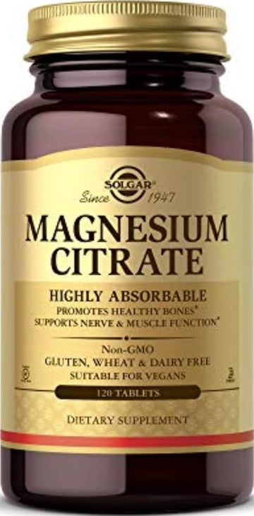 Solgar Magnesium Citrate, 120 Tablets - Promotes Healthy Bones - Supports Nerve & Muscle Function - Non GMO, Vegan, Gluten Free, Dairy Free, Kosher - 60 Servings, Standard Packaging