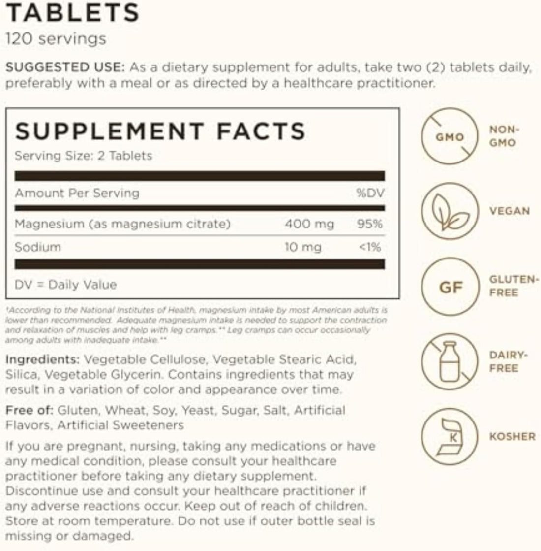 Solgar Magnesium Citrate, 120 Tablets - Promotes Healthy Bones - Supports Nerve & Muscle Function - Non GMO, Vegan, Gluten Free, Dairy Free, Kosher - 60 Servings, Standard Packaging