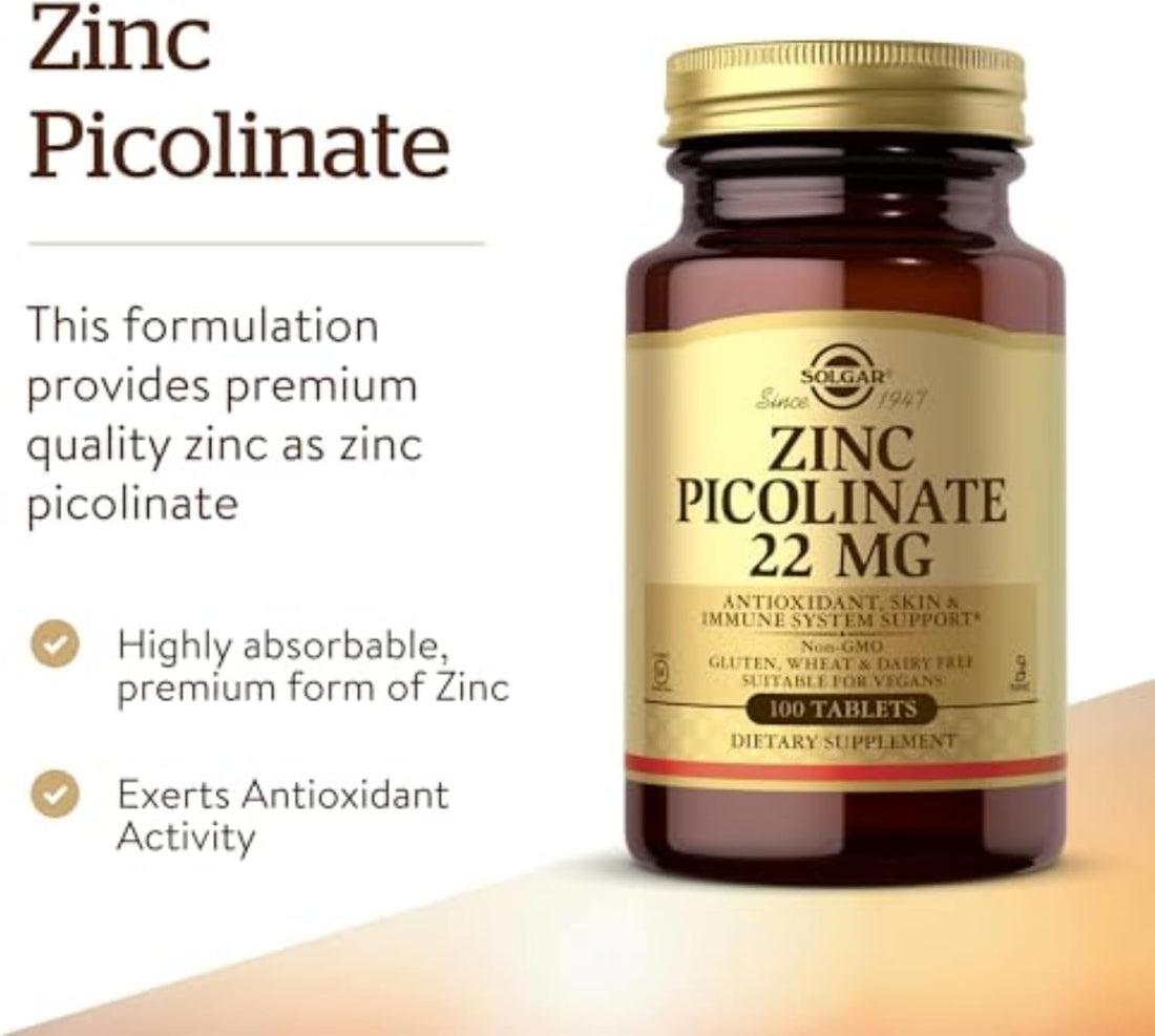 Solgar Zinc Picolinate 22 mg, 100 Tablets - Promotes Healthy Skin - Supports Immune System, Normal Taste & Vision - Antioxidant “ Non-GMO, Vegan, Gluten Free, Kosher - 100 Servings