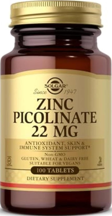 Solgar Zinc Picolinate 22 mg, 100 Tablets - Promotes Healthy Skin - Supports Immune System, Normal Taste & Vision - Antioxidant “ Non-GMO, Vegan, Gluten Free, Kosher - 100 Servings