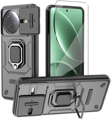 Phone Case for Xiaomi Poco F7 Pro 5G Case with Glass Screen Protector, Built Slide Camera Protection Cover,Military Heavy Duty Full Body Protective Phone Case - Black
