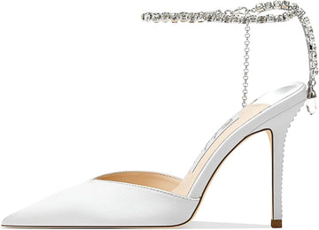 Women's Heeled Sandals Crystal Chain Ankle Straps Rhinestones Buckle High Heels Stiletto Slip On Wedding Party Satin Dress Shoes 3.9 IN