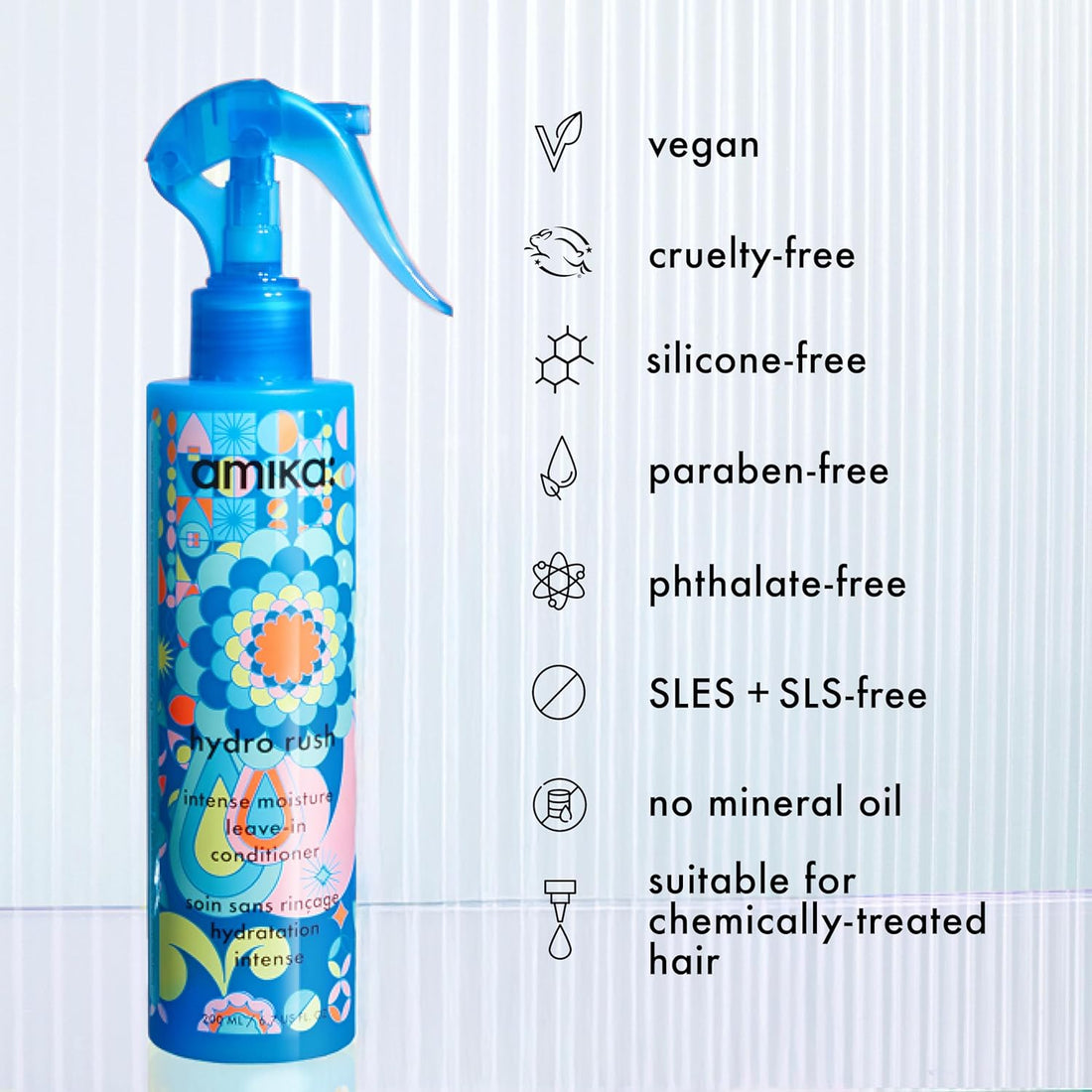 amika Hydro Rush Intense Moisture Leave-In Conditioner with Hyaluronic Acid, 60ml | for all hair types, long-lasting hydration, detangles and reduces frizz, travel size