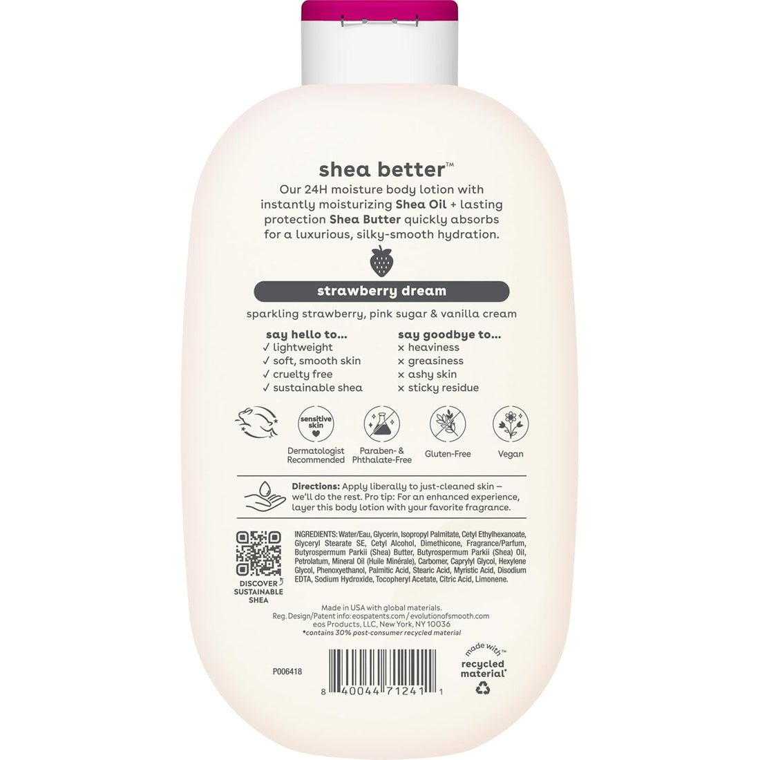 eos Shea Better Body Lotion Strawberry Dream, 24-Hour Moisture Skin Care, Lightweight & Non-Greasy, Natural Shea, Vegan, Strawberry Body Lotion, 16 fl oz