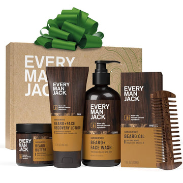 Every Man Jack Beard Essentials Gift Set for Men “ Complete Routine with 5 Full-Size Products “ Sandalwood Scent - Beard & Face Wash, Lotion, Oil, Butter & Comb
