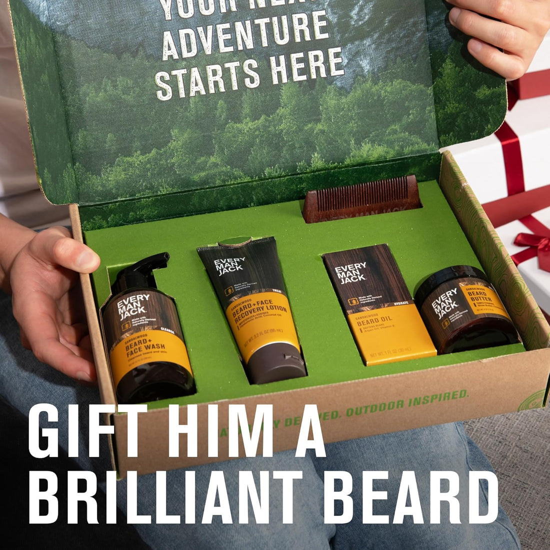 Every Man Jack Beard Essentials Gift Set for Men “ Complete Routine with 5 Full-Size Products “ Sandalwood Scent - Beard & Face Wash, Lotion, Oil, Butter & Comb