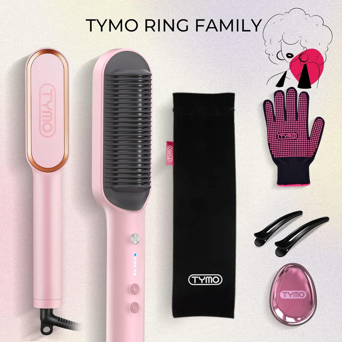 Hair Straightener Brush, TYMO Ring Hair Straightener Comb Straightening Brush for Women with 5 Temps 20s Fast Heating & Dual Voltage, Pink