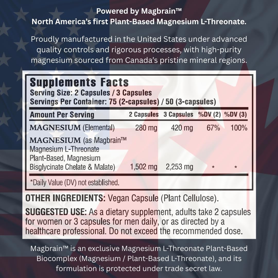 Kappa Nutrition Powered by Magbrain™ Magnesium L-Threonate Plant-Based, 420mg Elemental Magnesium (3 Capsules) from 2,253mg, 150 Vegan Capsules, Brain, Sleep & Muscle Support.