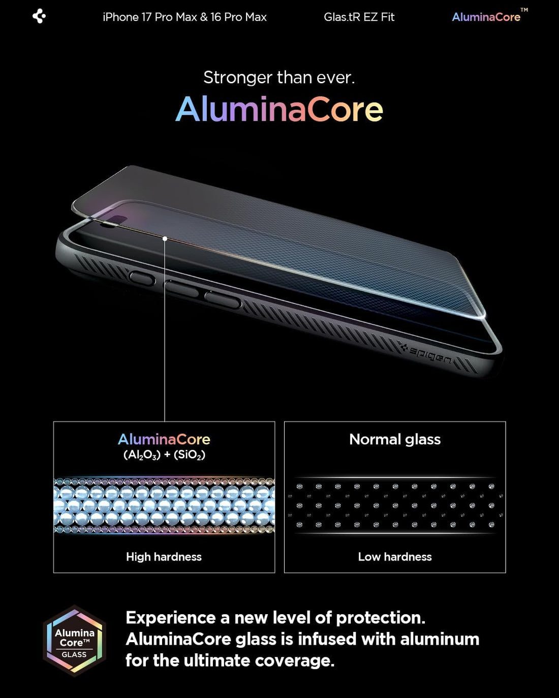 Spigen AluminaCore Tempered Glass Screen Protector [Glas.tR EZ Fit] designed for iPhone 17 Pro Max | iPhone 16 Pro Max [2 Pack] 9H+ Hardness, Aluminum-Enhanced Durability
